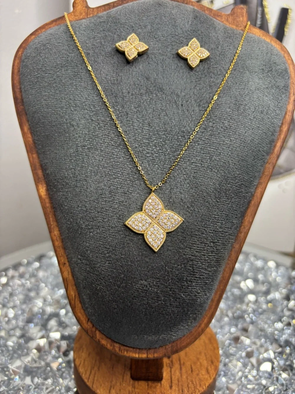 Gold Tone Pave Flower Pendant Necklace and Stud Earrings Set - Picture 3 of 7